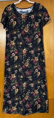 Vintage 90s Studio Ease Black Floral Rayon Midi Maxi Dress Slits Size 10 Grunge